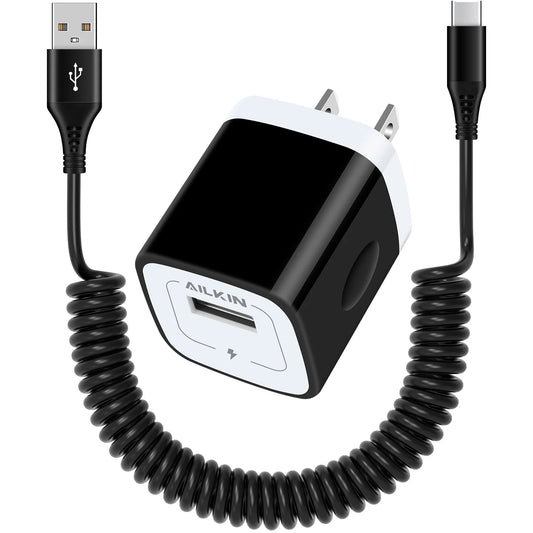 Charger Block,Usb Wall Charger Adapter with Coiled Type C Cable 6Ft, 5V/1A Wall Charger Block Fast Charging Station Power Base Charger Block Plug Brick Usb Wall Charger
